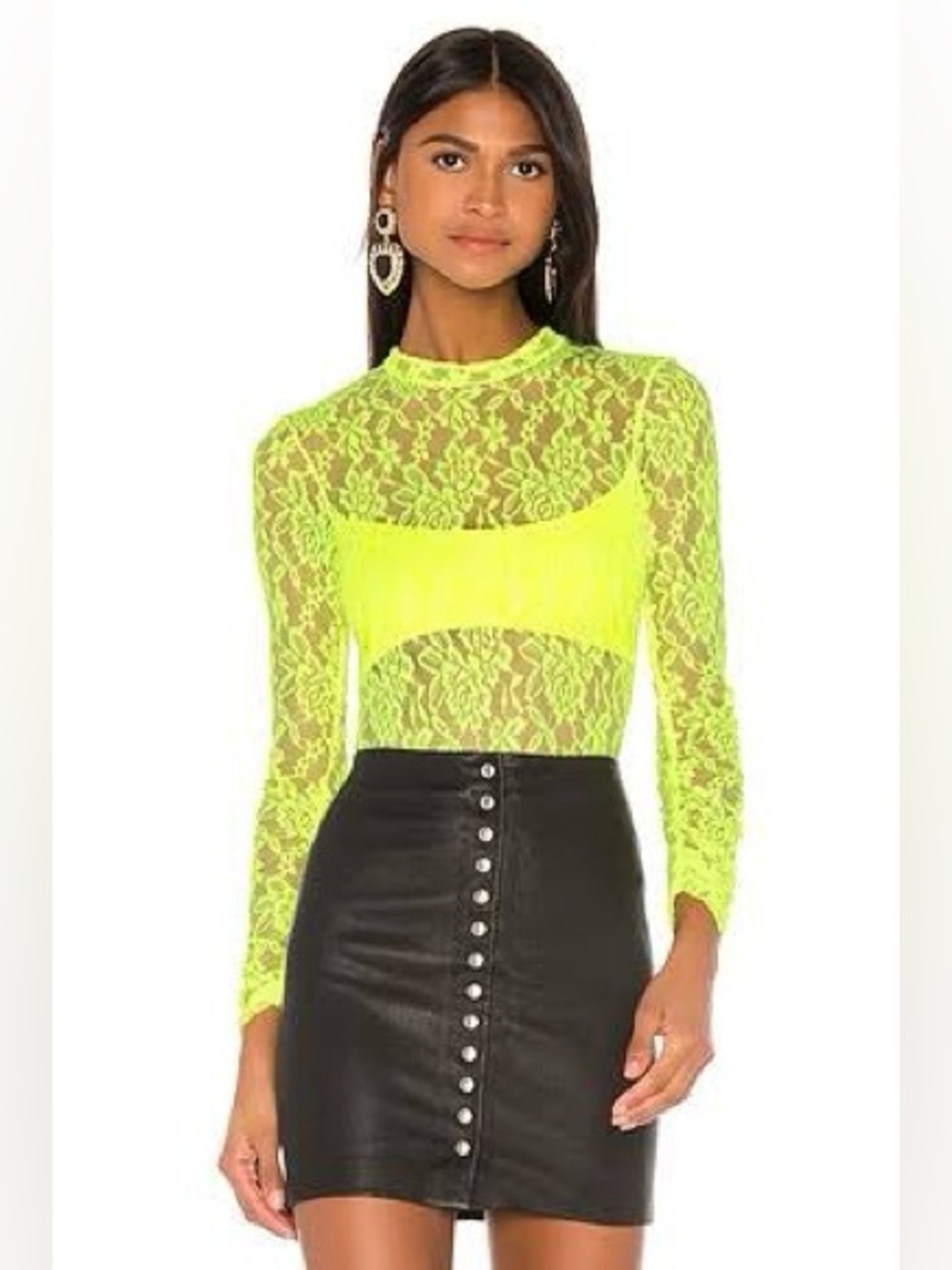 Jonathan Simkhai x Revolve Neon Yellow Lace Long Sleeve Bodysuit size Large